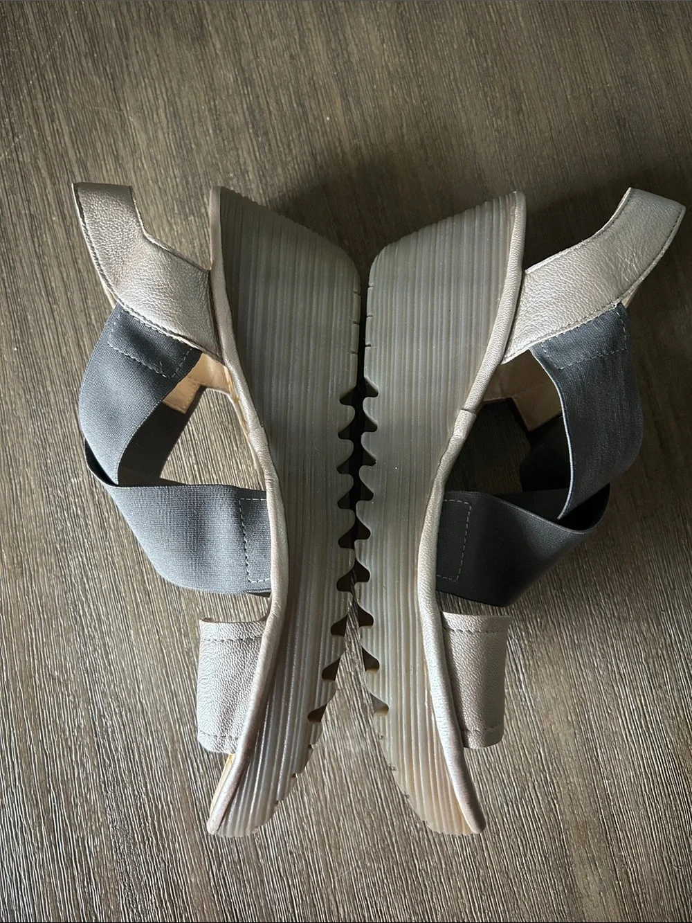 Fly London Yayi Bognona Cross Wedge Leather Sandals Gray/Silver, Sz. 41 (10.5)US